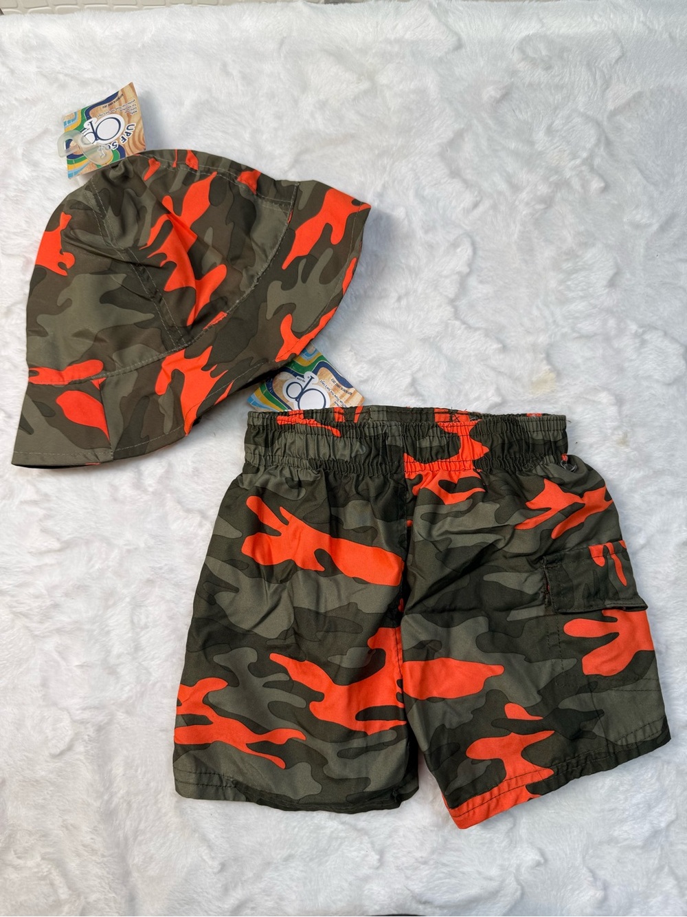 OP Kids Camo Bucket Hat & Swim Shorts - Olive Green & Bright Orange